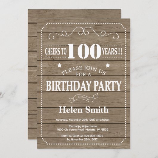 De rustieke 100ste Uitnodiging van de Verjaardag (Voorkant / Achterkant)