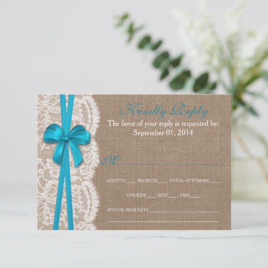 De rustieke Blue Bow Wedding Collectie RSVP-kaart RSVP Kaartje (Staand voorkant)
