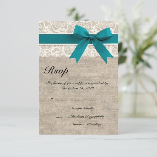 De rustieke Jute van het Kant kijkt het Turkoois RSVP Kaartje (Staand voorkant)