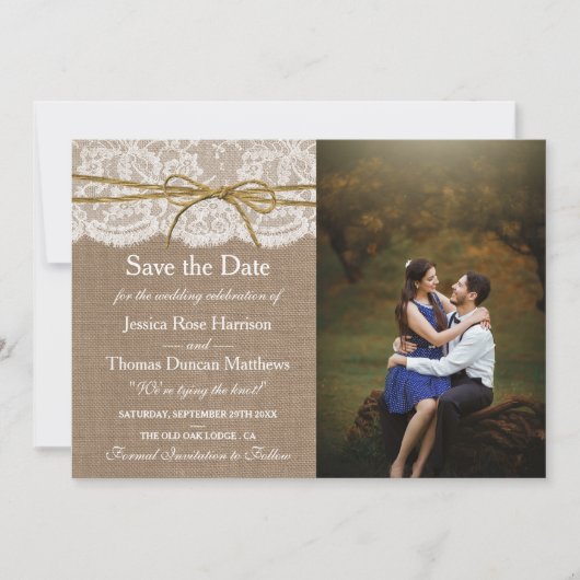 De rustieke Twine Bow Bruiloft Collectie Foto Save The Date (Voorkant)