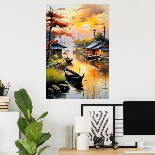 De rustige avondgloed van het Geviste dorp Poster (Thuiskantoor)