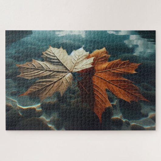 De rustige dans van herfstbladeren in koel water legpuzzel (Horizontaal)