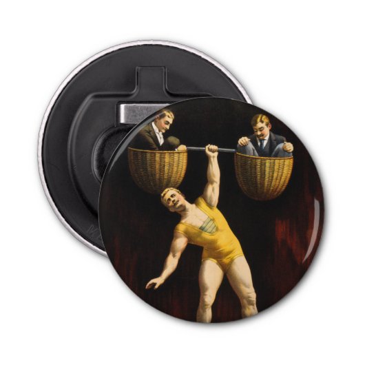 De Sandow Eugen Sandow Vaudeville Gewichtheffer Button Flesopener (Voorkant)