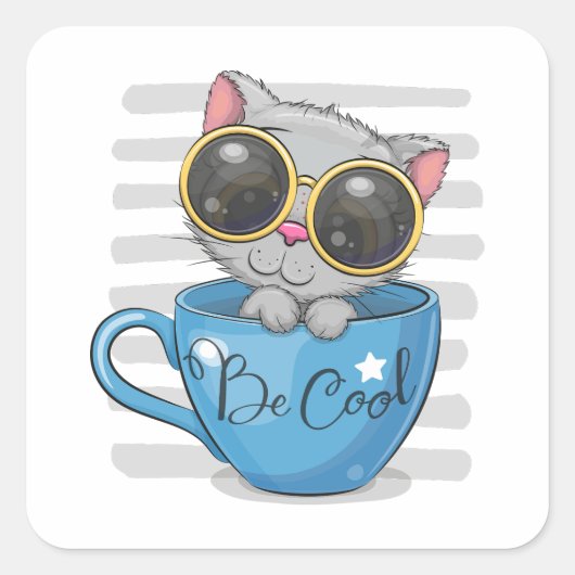De schattige cartoon kitten met een bril vierkante sticker (Voorkant)