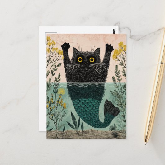 De Schattige Zeemeermin Kitty Briefkaart (Voorkant / Achterkant in situ)