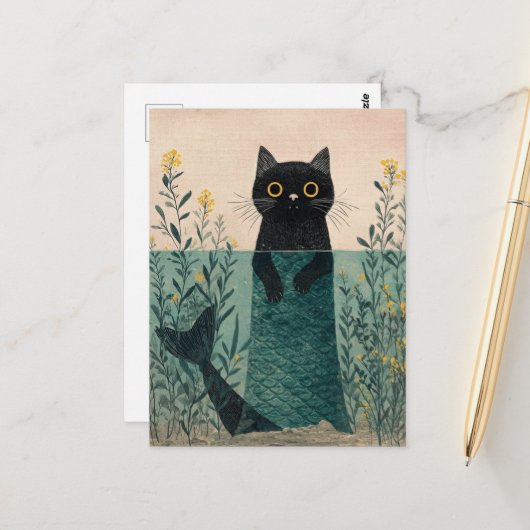 De Schattige Zeemeermin Zwarte Kitty Briefkaart (Voorkant / Achterkant in situ)