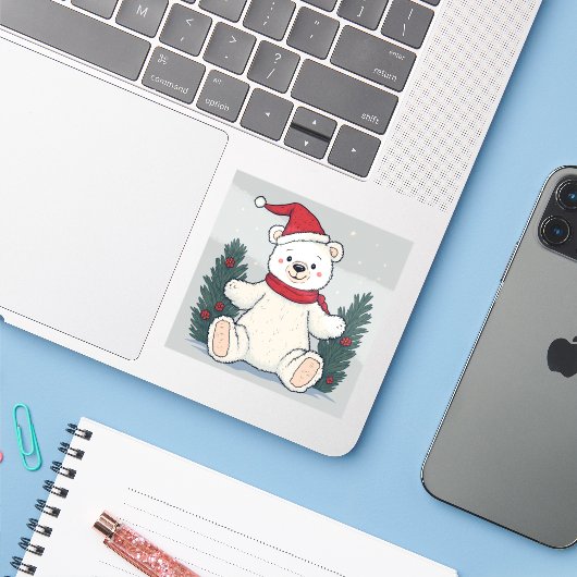 De Schattigee kerst Beer Sticker (Laptop met iPhone)