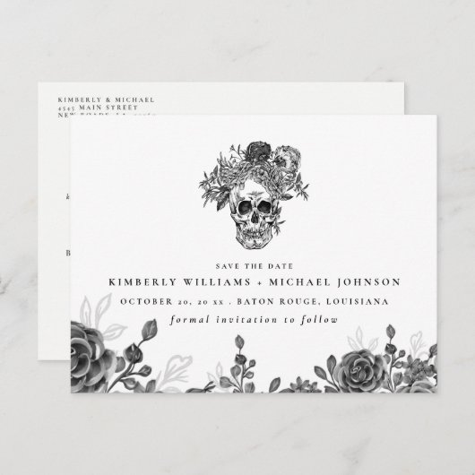 De schedel en de Rozen Halloween sparen de Datum Aankondigingskaart (Voorkant / Achterkant)