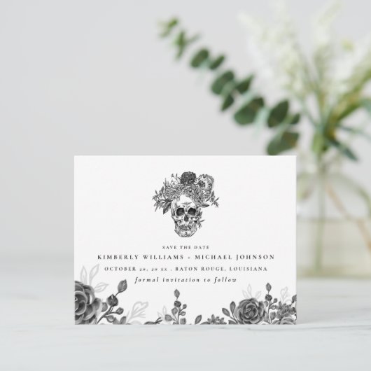 De schedel en de Rozen Halloween sparen de Datum Aankondigingskaart (Staand voorkant)