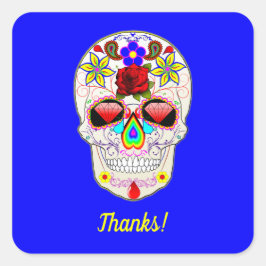 De schedel met Roos en Lilies op blauw Vierkante Sticker