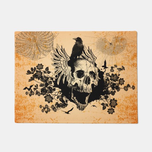 De schedel met vleugels en kraai met bloemen deurmat (Voorkant)