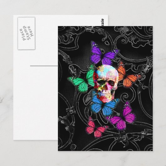 De schedel van de fantasie en gekleurde vlinders briefkaart (Voorkant / Achterkant)
