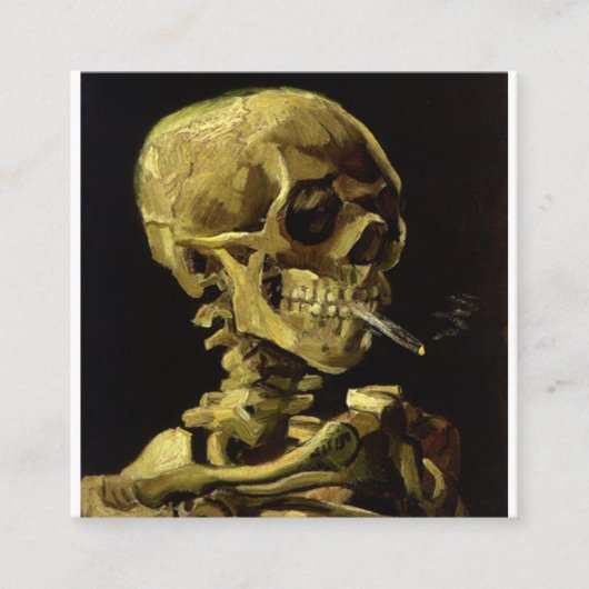 De schedel van een skelet met brandende Sigarette  Vierkante Visitekaartje (Voorkant)