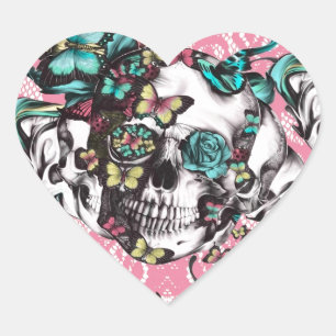 De schedel van het Florale roos met vlinders. Hart Sticker