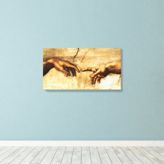 De schepping van Adam. God's hand. Michelangelo Canvas Afdruk (Insitu (Houten vloer))