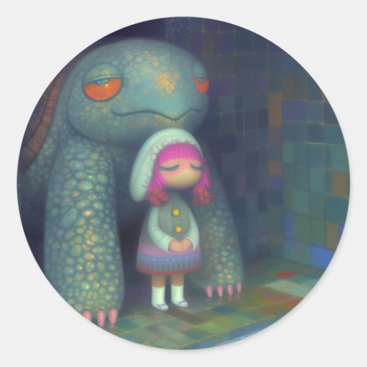 De schildpad en het meisje ronde sticker (Voorkant)