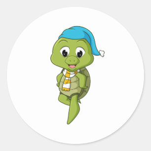 De schildpad met het pet en de sjaal is klaar voor ronde sticker