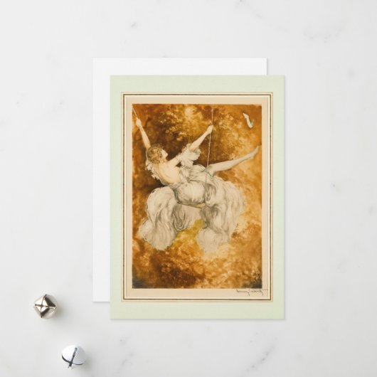 De schommel, 1928 door Louis Icart Feestdagenkaart (Voorkant / Achterkant in situ)