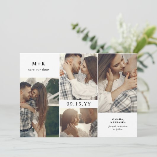De schone Moderne Initialen & 4 Foto's sparen de D Save The Date (Staand voorkant)