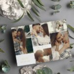De schone Moderne Initialen & Foto's sparen de Dat Folie Uitnodiging<br><div class="desc">Dubbelzijdig sparen de datumkaart met een schone collage van vijf foto's aan één kant met je initialen en trouwdatum in gouden folie, en een grotere foto aan de andere kant met meer informatie over je bruiloft. Moderne sparen de datumkaart met een minimalistisch ontwerp, elegante doopvonten, en een fotocollage. Het wit...</div>