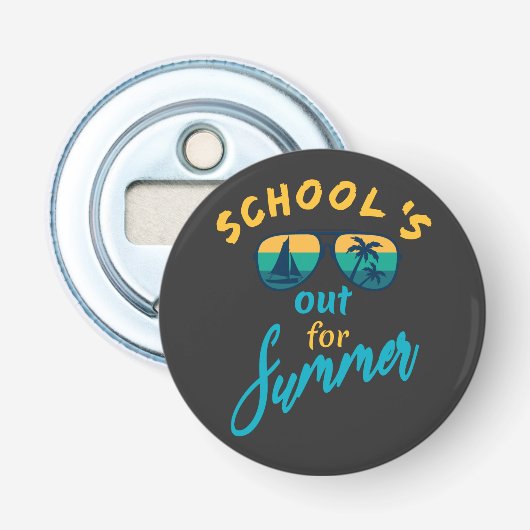 De school is in de zomer weg button flesopener (Voorkant)