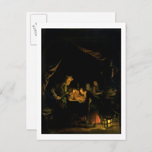 De schoolmeester, 1660-65 (olie op het paneel) briefkaart (Voorkant / Achterkant)