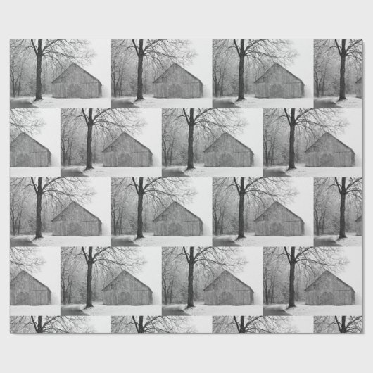 De schuur Vroege Sneeuw Herfst Zwart Wit Fotografi Cadeaupapier (Vlak)