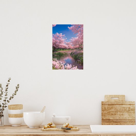 De sereniteit van Sakura River Poster (Keuken)