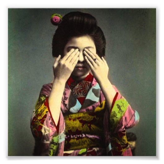 De  Shy Geisha Old Japan Hand gekleurd Foto Afdruk (Voorkant)
