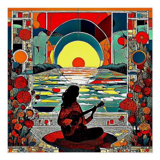 De Silhouet van de Gitarist Perfect Poster (Voorkant)