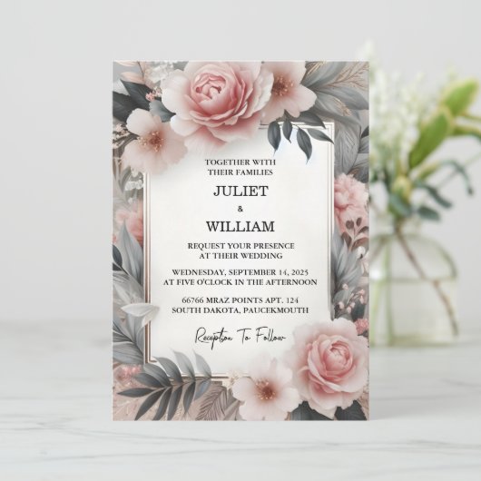 De Silk Pink Boho Peony Garden Dusty Roos bruiloft Kaart (Staand voorkant)