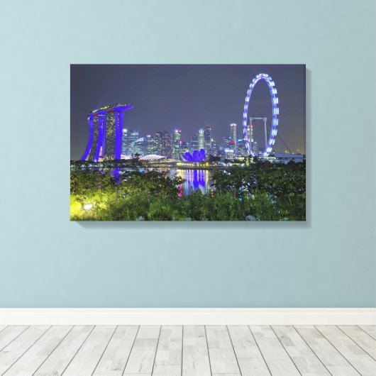 De Singapore Skyline bij nacht Canvas Afdruk (Insitu (Houten vloer))