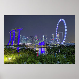 De Singapore Skyline bij nacht Poster