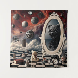 De sinistere weerspiegeling van de teddybeer wandkleed