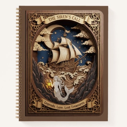 De Sirene Roep Nautilische Zeemeermin Houtsnijwerk Notitieboek (Voorkant)