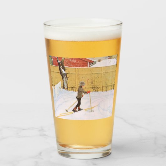 De skier (jonge jongen met huid) (winterscène) glas (Voorkant gevuld)