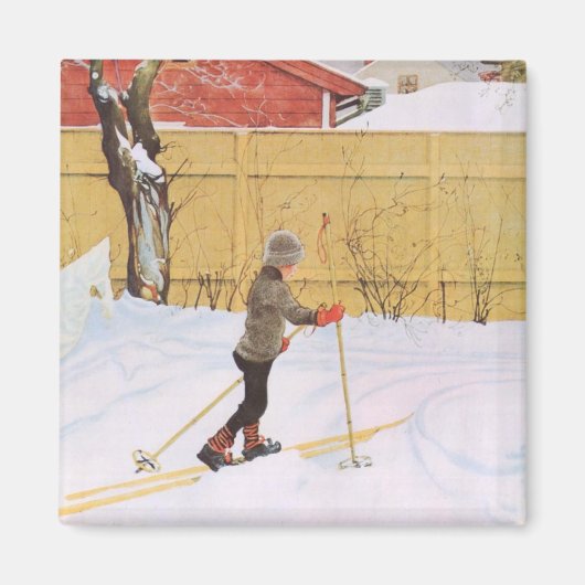 De skier (jonge jongen met huid) (winterscène) magneet (Voorkant)