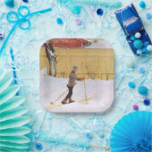 De skier (jonge jongen met huid) (winterscène) papieren bordje (Feest)