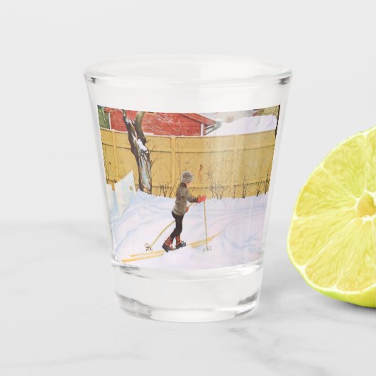 De skier (jonge jongen met huid) (winterscène) shot glas (Voorkant)