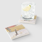 De skier (jonge jongen met huid) (winterscène) stenen onderzetter (Zijkant)