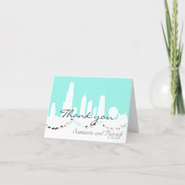 De skyline van Chicago Elegant Modern Mint  Roze Bedankkaart