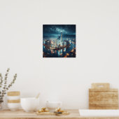 De skyline van de stad bij Night Wall poster (Keuken)