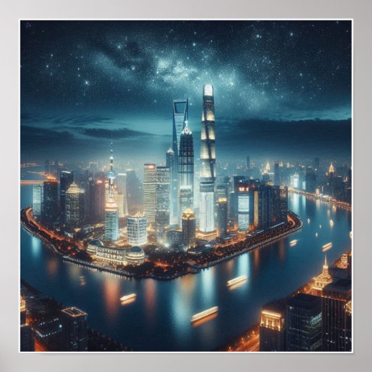 De skyline van de stad bij Night Wall poster (Voorkant)