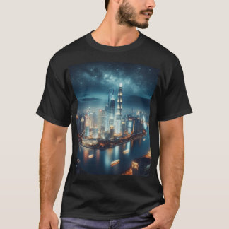 De skyline van de stad 's nachts, met een grote ve t-shirt
