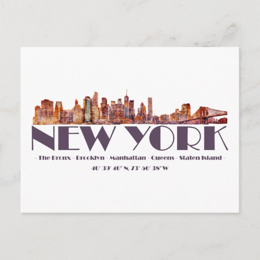 De skyline van New York. Boroughs en coördinaten Briefkaart (Voorkant)