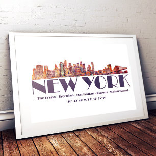 De skyline van New York. Boroughs en coördinaten Foto Afdruk