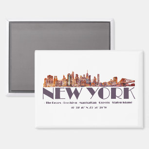 De skyline van New York. Boroughs en coördinaten Magneet