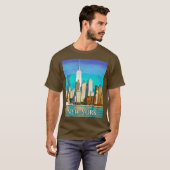De skyline van New York in Cobalt Blue en Tan T-shirt (Voorkant volledig)