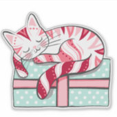 De slapende kat op een kerstcadeau sticker (Voorkant)