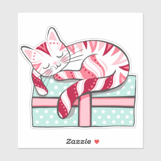 De slapende kat op een kerstcadeau sticker (Vel)